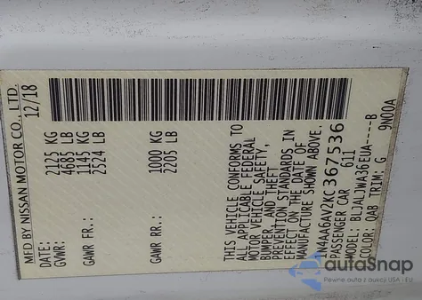 2019 Nissan Maxima 3.5 Sv из США, поврежденный, VIN 1N4AA6AV2KC367536